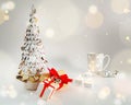 Christmas table decoration banner. White hand made fir. Craft paper red gift boxes recycle materials candles lights cup Royalty Free Stock Photo