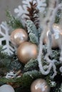 Christmas decoration with branches, globes and cones