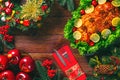 Christmas table dinner time with roasted meats decorated in Christmas style. Background thanksgiving. The concept of a family holi Royalty Free Stock Photo