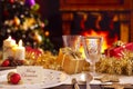 Christmas table with fireplace and Christmas tree