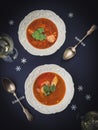 Christmas table with fish soup and glass of white wine. Overhead view Royalty Free Stock Photo