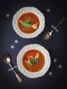 Christmas table with fish soup. Overhead view Royalty Free Stock Photo