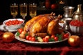 Christmas Table with Juicy Roast Chicken and Golden Plates - High-Quality Stock Photo
