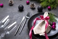 Christmas table place setting. Holidays background. Christmas dinner, party design, concept Royalty Free Stock Photo