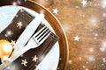 Christmas table place setting in vintage or rustic style. Royalty Free Stock Photo