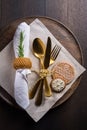 Christmas table place setting with vintage silverware and gingerbread Royalty Free Stock Photo