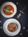 Christmas table with plate of fish soup and jar of honey glass of honey Royalty Free Stock Photo