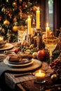 christmas table setting with candles and decorations Royalty Free Stock Photo