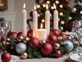 Christmas Table Setting With Candles And Ornaments. Generative AI Royalty Free Stock Photo