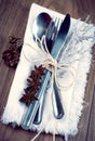 Christmas table setting, christmas menu concept on wooden table with copy space Royalty Free Stock Photo