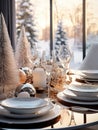 Christmas table setting with contemporary glass and decorations, designed in Scandinavian style