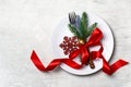 Christmas table setting with christmas decorations ribbon bow sn