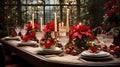 Christmas table setting with dinnerware, Sparkling stemware, vibrant floral arrangement and cozy candlelight. Festive dinner