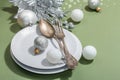 Christmas table setting with ceramic plates, traditional decor on Savannah Green color background