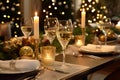 Christmas table setting in front of blurred decorated christmass tree with lights. Christmas and New Year background with plates,