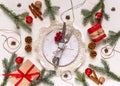 Christmas table setting, menu concept composition, decorated with pine tree branches, spices.