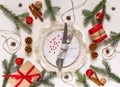 Christmas table setting, menu concept composition, decorated with pine tree branches, spices.