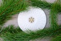 Christmas table setting with plate and Christmas wooden snowflake toy  and natural branches. Top view Royalty Free Stock Photo