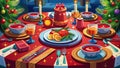 A christmas table setting with red plates and silverware created with technology Royalty Free Stock Photo