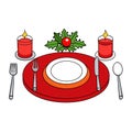 A christmas table setting with red plates and silverware created with technology Royalty Free Stock Photo