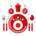 A christmas table setting with red plates and silverware created with technology Royalty Free Stock Photo
