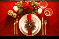 christmas table setting with red tablecloth. Beautiful table setting for Christmas dinner. Christmas table place setting. Holidays Royalty Free Stock Photo