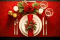 christmas table setting. Table served for Christmas dinner. Beautiful table setting with Christmas decorations. red tablecloth. Royalty Free Stock Photo