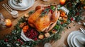 Christmas table setting with roasted turkey and berries. Festive table decoration. Royalty Free Stock Photo
