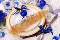 Christmas table setting in white and blue colors Royalty Free Stock Photo