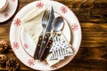 Christmas table setting on wooden background. Top view Royalty Free Stock Photo