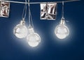 Christmas Table With silver Hanging Balls. Christmas composition, Christmas silver balls on a blue background hanging, place for Royalty Free Stock Photo