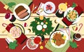 Christmas table top view with dishes and decorated cutlery Royalty Free Stock Photo