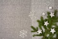 Christmas table top view. Linen tablecloth texture background.