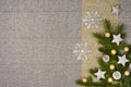 Christmas table top view. Linen tablecloth texture background.
