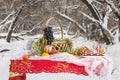 Christmas table in winter forest Royalty Free Stock Photo