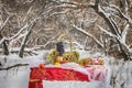 Christmas table in winter forest Royalty Free Stock Photo