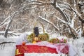 Christmas table in winter forest Royalty Free Stock Photo