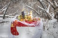 Christmas table in winter forest Royalty Free Stock Photo