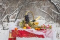 Christmas table in winter forest Royalty Free Stock Photo