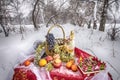 Christmas table in winter forest Royalty Free Stock Photo