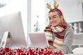 Christmas, tablet and smile of business woman for research, reading email or xmas news in creative startup. Tech, happy Royalty Free Stock Photo