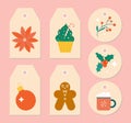 Christmas tag collection. Printable gift labels with cute flat Xmas objects - flowers, baubles, sweets. Royalty Free Stock Photo