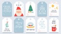 Christmas tag. Merry winter holidays gift tags with greetings, santa, mistletoe and tree. Happy new year and xmas