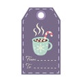 Christmas tag with mug marshmallow and candy cane. Holiday gift label template Royalty Free Stock Photo