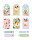 Christmas tags cute collection. Labels with funny deer with hat and scarf.