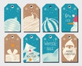 Christmas Tags. Turquoise beige template with Santa Claus, and Snowman