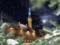 Christmas Tallinn Old towen sguare green tree and snowflakes on branch with cones ,Night moon on starry sky ,medieval city ,