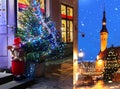 Christmas Tallinn Old Town Hall Square Collage , Winter Set night marketplace and tree light decoration , holiday celebration i