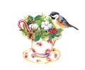 Christmas tea cup - bird, fir tree, candy cane. Watercolor