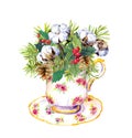 Christmas tea cup - christmas pine tree, mistletoe, winter cotton. Vintage watercolor card for tea time